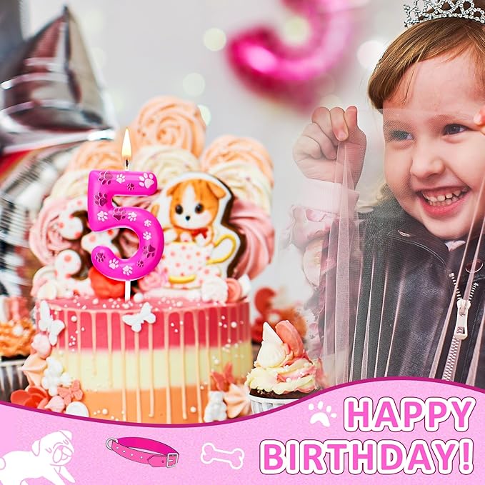 Conelist Number 5 Dog Paw Birthday Candles Toppers Candles Rose Red, Pink, Purple Numeral Birthday Cake Topper for 5 Year Old Boy Girl Paw Birth Day Decoration Pet Party Supplies