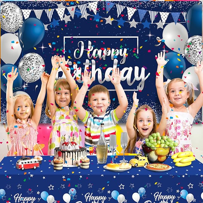 Moukeren Navy Blue Birthday Party Decorations Confetti Balloons Kit Happy Birthday Photography Backdrop Banner Tablecloths for Boys Girls Men Women Party Supplies Decor(Navy Blue and Silver)