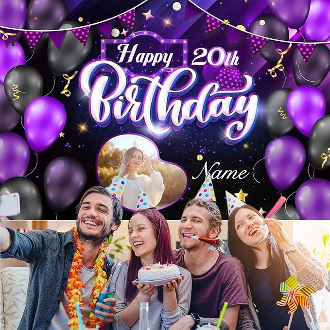 Custom Purple Happy Birthday Decorations Banner, Personalization Purple Happy Birthday Sign Birthday Party Supplies Photo Backdrop with Rose for Birthday Party Favor for Women Girl
