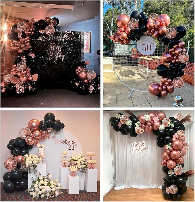 132pcs Rose Gold and Black Balloon Arch Kit, Metallic Rose Gold and Black Balloons Different Sizes of 18 12 10 Inch with Confetti Balloon for Wedding Graduation Baby Shower Birthday Party Decoration