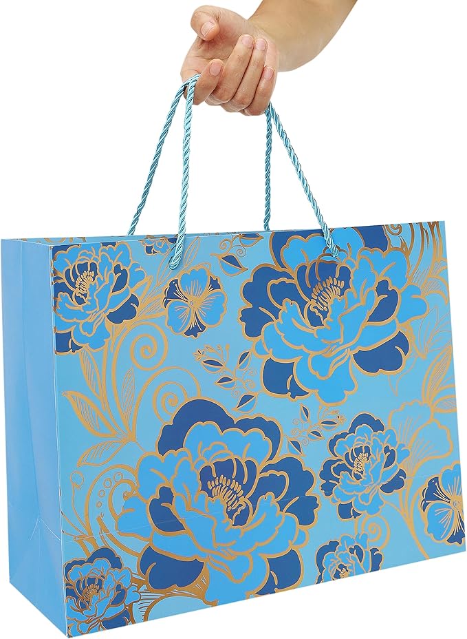 13" Large Rose Blue Gift Bag Set with Greeting Card and Tissue Paper(Foil Traced Flowers) for Celebrating Birthdays, Mother's Day, Weddings, Anniversary, Valentine's Day - 13”x5.2”x10.2”, 1 Pcs.