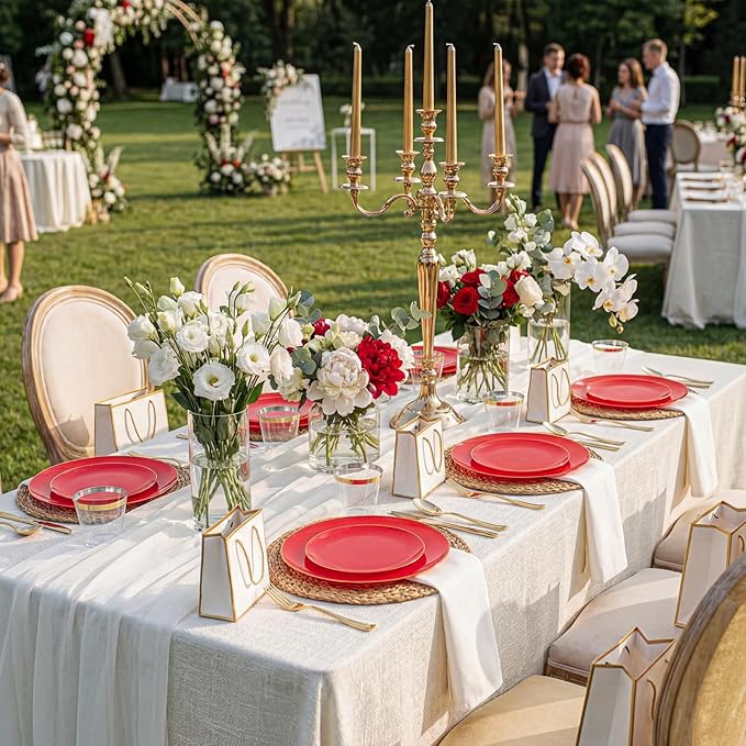 WDF 150Pcs Red Plastic Plates - Red Plates Disposable - 25Guest Dinnerware Include 25 Dinner Plate, 25 Dessert Plate, 75 Cutlery & 25 9oz Cups for Wedding/Birthday/Bridal Shower