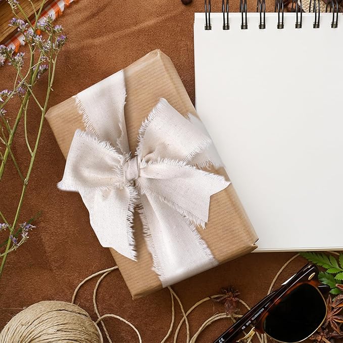 Linen Ribbon Beige Cotton Ribbon 1.5" x 21Yds Boho Vintage Rustic Ribbon Handmade Fringe Frayed Cloth Fabric Ribbon for Gift Wrapping Wedding Invitations Bridal Bouquets DIY Crafts