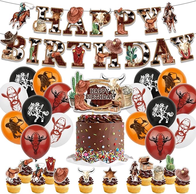 Western Cowboy Birthday Party Decorations Set with Western Cowboy Theme Happy Birthday Banner Balloon Cake Topper Cupcake Topper Background for Western Cowboy Party Supplies