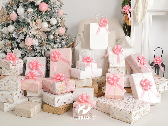HUIHUANG Pink Bows for Gift Wrapping 12 PCS Pull Bows 4" x 8" Satin Gift Bow for Presents, Gift Basket, Paper Bag, Baby Shower Favors, Wrapping Accessories, Wedding Christmas Decor
