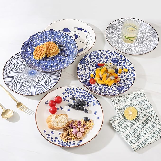 KitchenTour Large Ceramic Dinner Plates, 10 Inch Salad Plates Set of 6, Serving Plates for Dessert, Pasta, Appetizer, Dishwasher and Microwave Safe, Vintage Blue