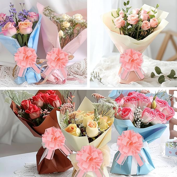 6pcs 7 Inch Pull Bows Pastel Pink Gift Wrap Bows for Gift Wrapping Ribbon Pull Gift Bows for Gift Basket Flower Wrapping Christmas Mother’s Day Easter Birthday Baby Shower Decorations