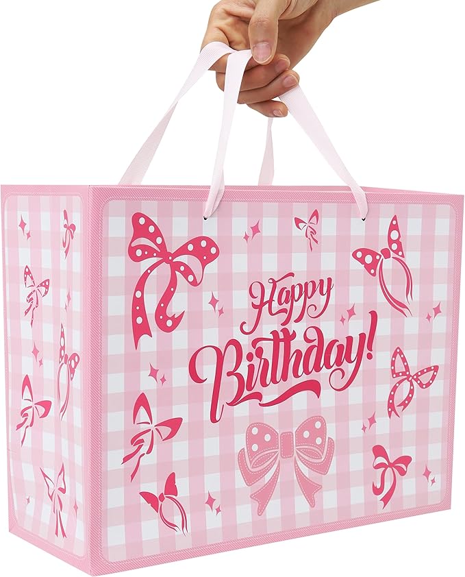 Qirrmiy 13'' Large Birthday Gift Bag Set with Handles, Greeting Card, Purple Tissue Papers and Stickers for Girls Women Kids Teens for Birthday Party, girl's Party, Baby, Bow Design, 1 Pcs