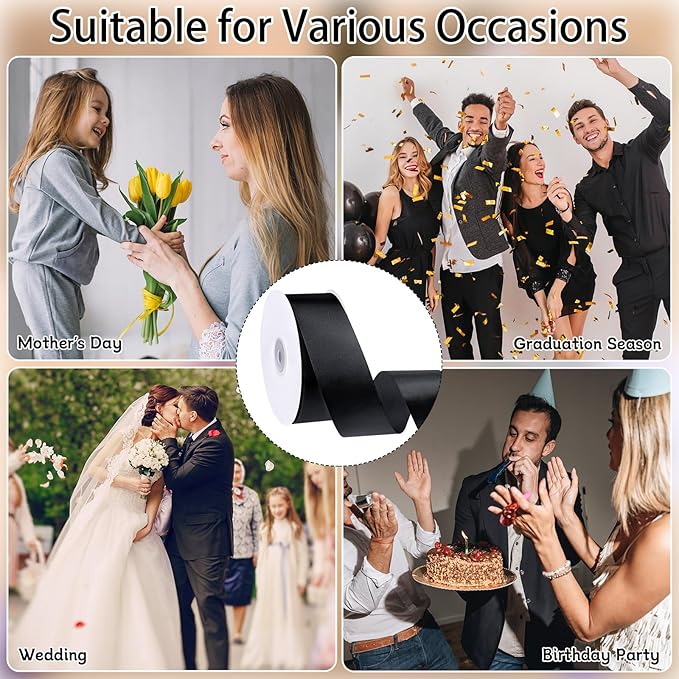 woric Black Ribbon 1 1/2 inch 60 Yards Satin Crafts Fabric Ribbon for Mothers Day Graduation Leis Gift Wrapping Flower Bouquet Crafts Bows Making Party Clothes Decorations