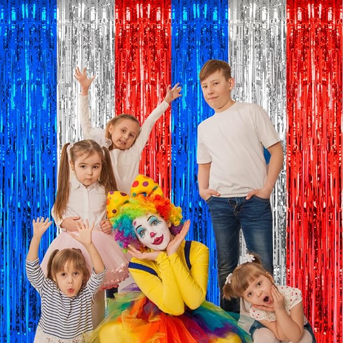 PIGETALE, 2 Pack 3.2 x 8.2 ft Red White and Blue Foil Fringe Backdrop Curtain, Streamer Backdrop Tinsel Curtains Photo Booth Props for Graduation Birthday Memo