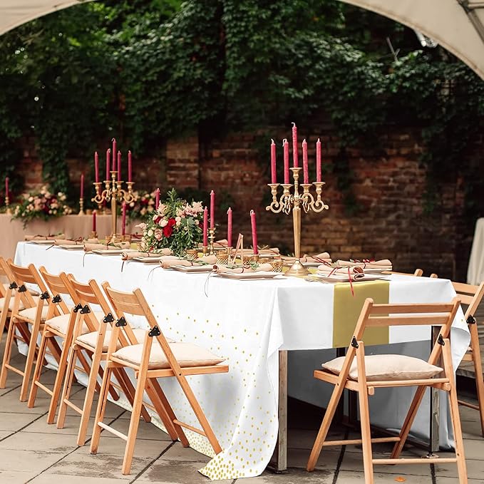 24Pack Disposable Plastic Tablecloths and Satin Table Runner Set White and Gold Dot Tablecloth Gold Satin Table Runner for Wedding Birthday Baby Shower Anniversary Christmas New Year Party Decorations