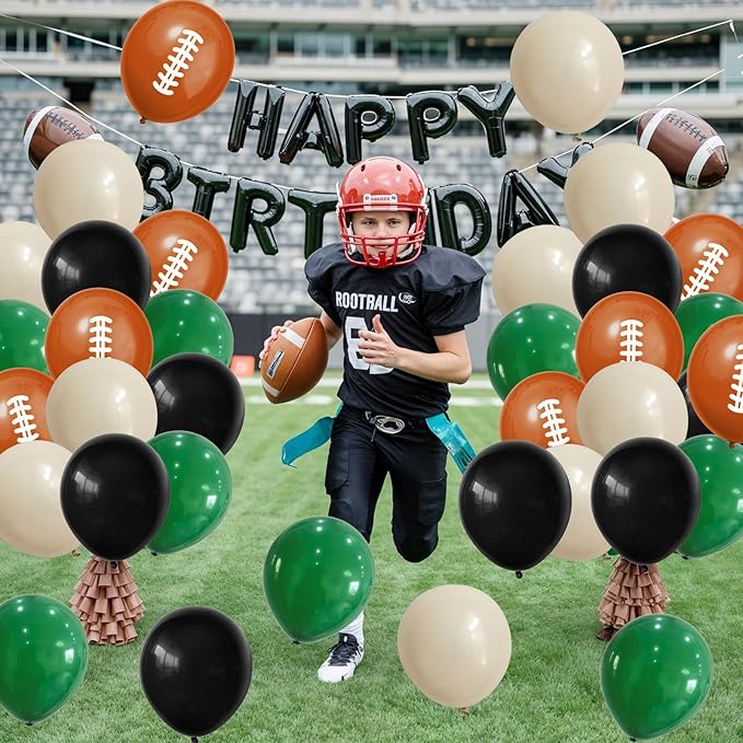 HILAVO Football Balloons, 12 Inch Dark Green Black White Sand with Brown Printed Sports Latex Balloon for Kids Boys Game Football Sport Themed Birthday Party Decor Baby Shower Decorations Supplies