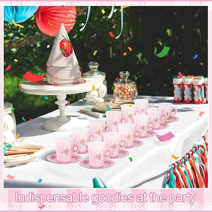 Zopeal 100 Pcs Disposable Tea Party Decorations 9 oz Floral Paper Cup with Handle and Saucer Set for Mother Day Wedding Birthday Spring Princess Blossom Party Baby Shower Supplies(Pink)