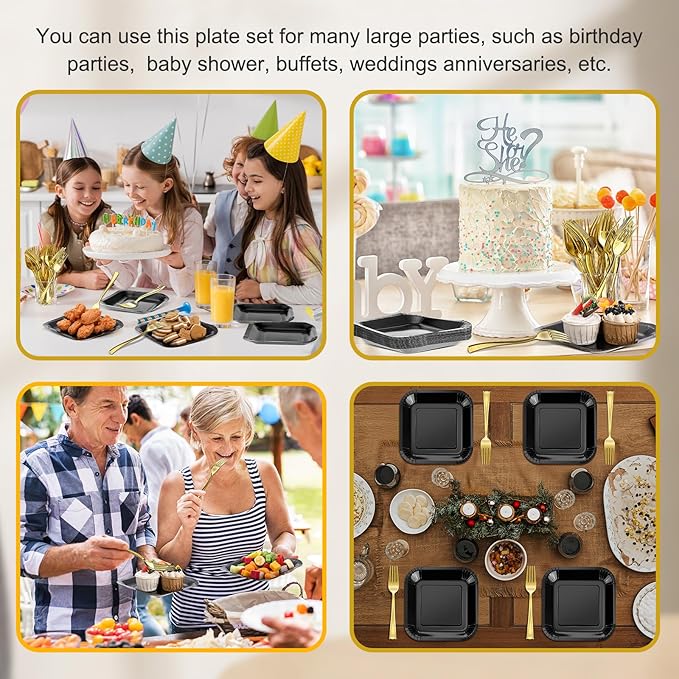 Dandat 100 Pcs 7 In Small Black Paper Plates Square Disposable Cake Plates with Plastic Dessert Forks 50 Guests Foil Tableware for Birthday Party Halloween Table Supplies