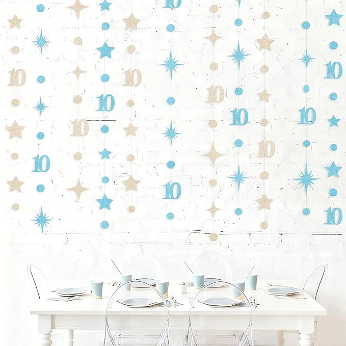 Champagne Gold Blue 10th Birthday Decorations Number 10 Circle Dot Star Garland Streamer Banner Backdrop for Girls Boys Double Digits Cheers to 10 Years Old Birthday 10th Anniversary Party Supplies