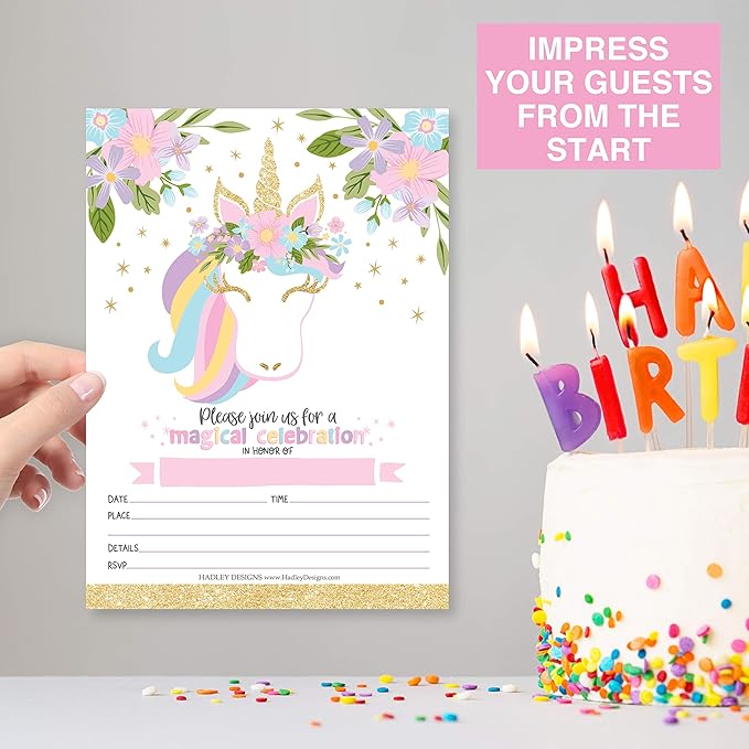 Hadley Designs Kids Birthday Invitations Girl Unicorn Theme - 25 Unicorn Birthday Party Invitations For Girls, Pastel Invites For Girls, Cute Party Supplies, Made in USA