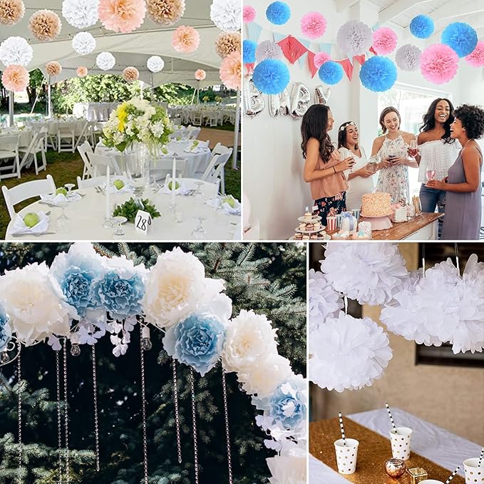 Qimoo 20pcs White Paper Pom Poms Decorations, DIY Decorative Tissue Paper Pom-poms Flowers Ball for Party Wedding Outdoor Decoration