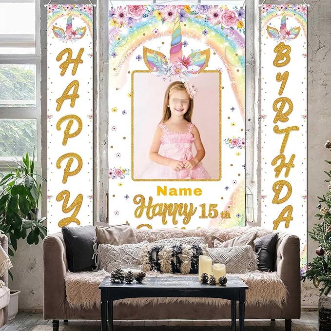 Custom Photo Birthday Banner Set Personalized Door Banners Polyster Backdrop Party Decorations Supplies Background for Birthday Newborn Baby Shower Celebration(Unicorn)