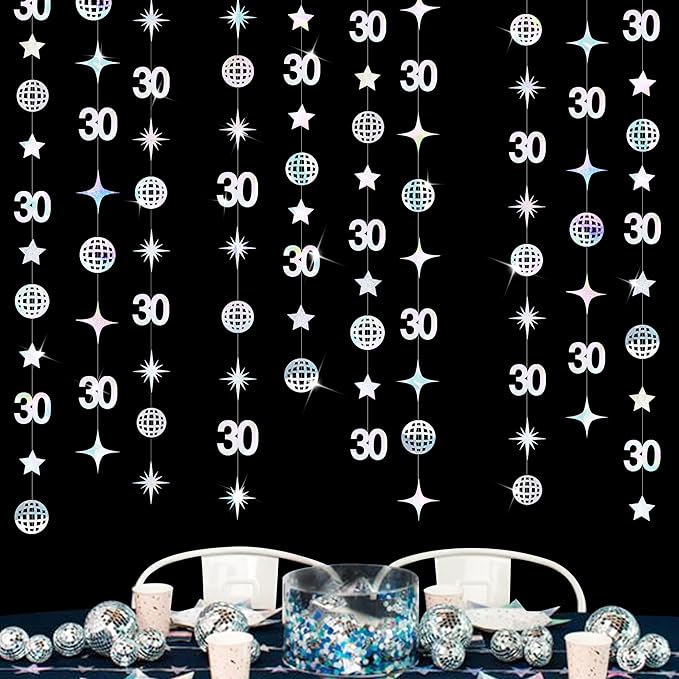 52Ft Iridescnt 30th Disco Birthday Decorations Laser Silver Number 30 Disco Ball Twinkle Star Garland Metallic Streamer Banner Backdrop for Mens Womens Happy Dirty Thirty Cheers to 30 Years Old Party