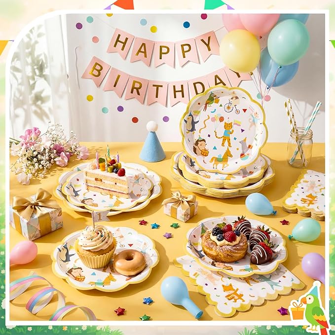 Yungyan 60 Pcs Animal Parade Party Plates Set Including 9 Inch and 7 Inch Disposable Paper Plates with Cute Disposable Napkin for Birthday Baby Shower Party Zoo Theme Fun to Be One Birthday Decoration