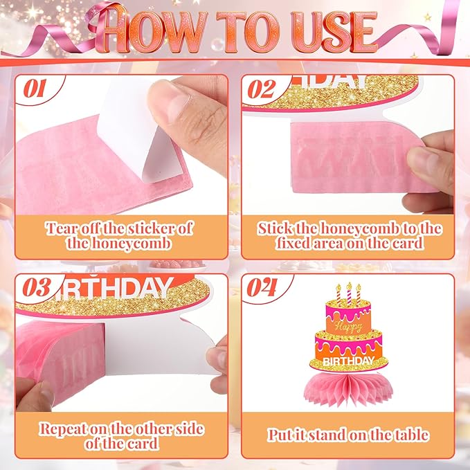 12Pcs Orange Pink Birthday Decorations Honeycomb Centerpieces for Women Girls, Orange Pink Happy Birthday Table Centerpieces for Kids Adults Birthday Gift Table Topper Sign Decor Party Supplies