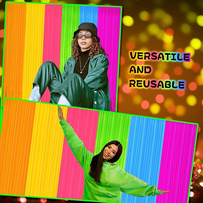 4 Pack Glow in The Dark Curtains Party Supplies 6.6 x 3.3 Ft Glow Tinsel Foil Fringe Curtains Colorful Patchwork Streamer Backdrop for Birthday Holiday Neon Party Decorations