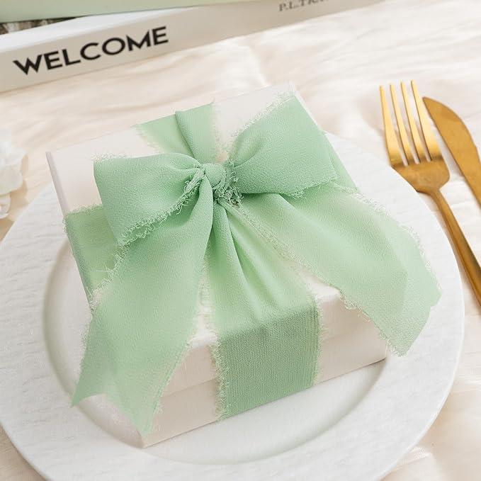 Chiffon Ribbon, Sage Green Silk 1.5''x21Yd Handmade Frayed Fringe Ribbons for Wrapping, DIY Bows, Invitations, Bridal Bouquets, Crafts, Birthday, Wedding, Engagement, Party Decoration, 3 Rolls