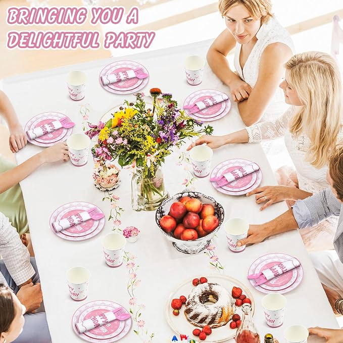 168 Pcs Bow Party Favors Coquette Birthday Decorations Wedding Spring Pink Bow Birthday Supplies Includes Pink Napkins Plates Forks and Theme Tableware Party Supplies Decor