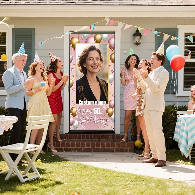 Dicodes Personalized Happy Birthday Door Banner Custom Photo Birthday Photography Background Decorations Party Supplies for Women Men (Rose Pink)
