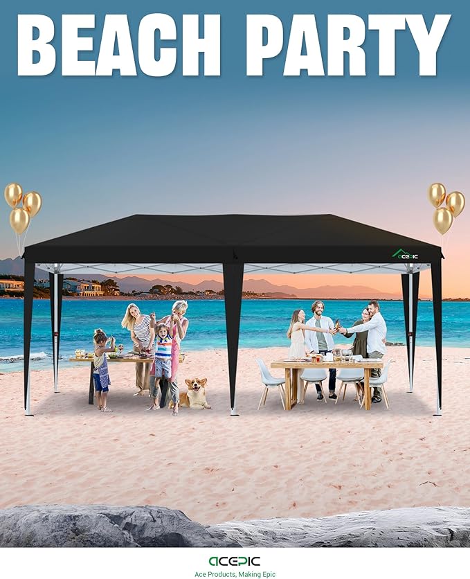 Acepic 10x20 Pop Up Canopy with 6 Removable Sidewalls, 2 Central Lock Easy Set-up Outdoor Party Tent, Commercial Tent, Hand Bag x1, Sandbags x4, Stakes x12, Ropes x6 (Black, 10 * 20)