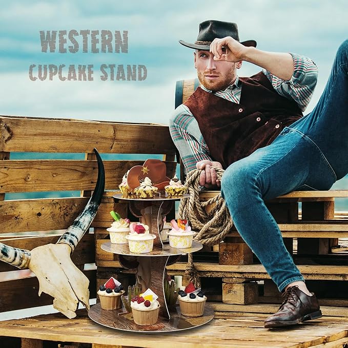 Zopeal Western Cowboy Cupcake Stand Party Decoration Western Long Horn Cow Cupcake Holder Cowboy Theme Cake Holder Westerns Birthday Dessert Stand for Wild West Baby Shower Birthday Party Supplies
