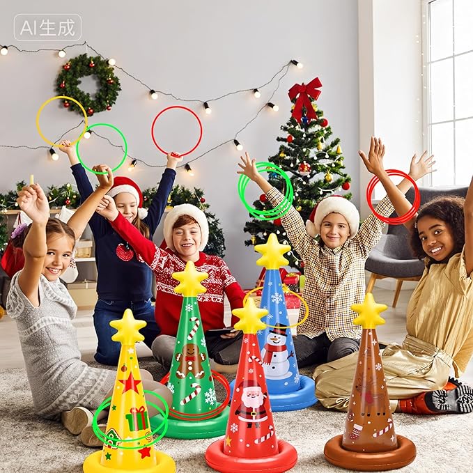 5 Pack Inflatable Christmas Ring Toss Game Set Holiday Party Supplies Indoor Outdoor Family Christmas Games for Kids Adults Xmas Party Decorations Carnival Games with Toss Rings and Pump
