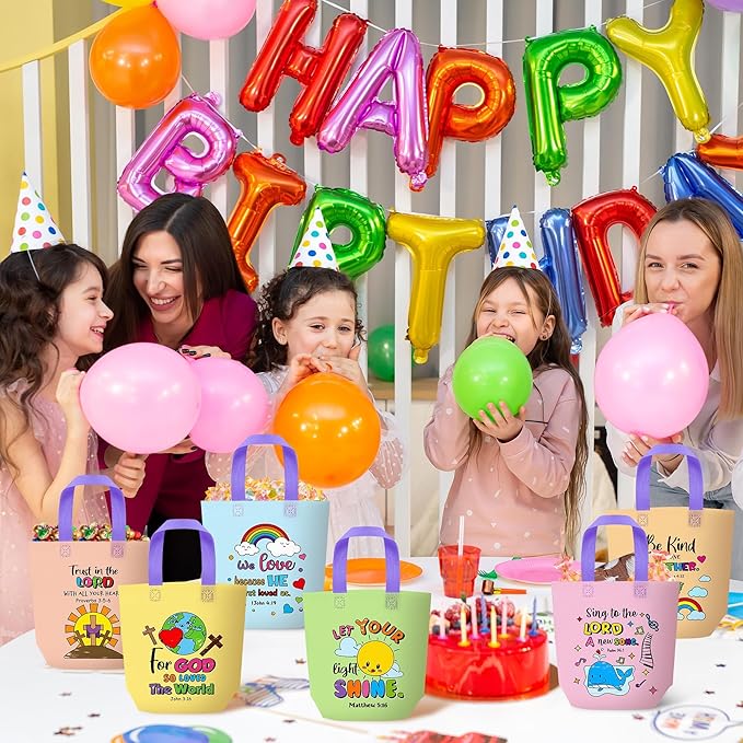 Cartoon Coloring Goodie Bags for Kids - 24Pcs Easter Religious Theme Bulk Color Your Own Gift Bags with Handle Christian Bible Reusable Non Woven Coloring Tote Packet for DIY Crafts Easter Party Favor