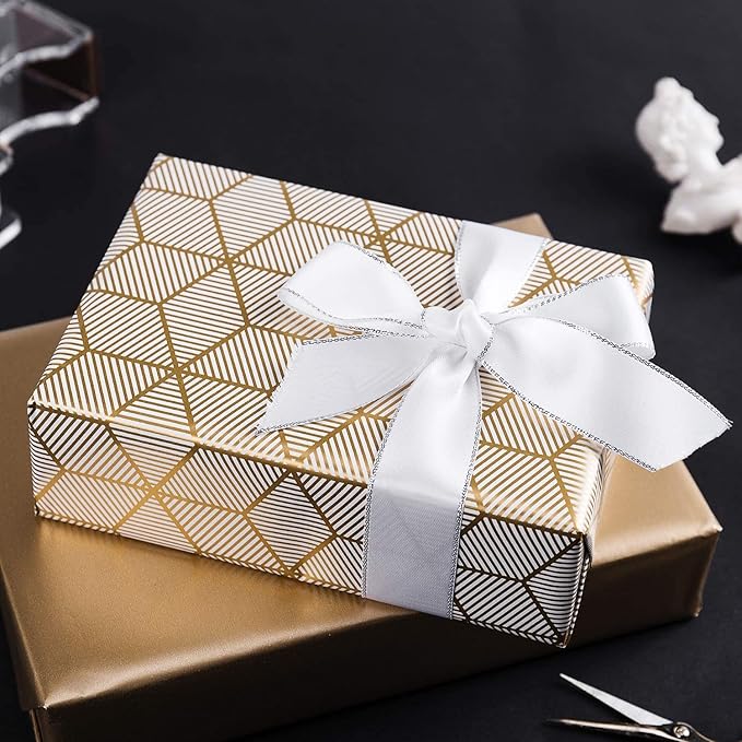 MAYPLUSS Birthday Wrapping Paper Roll - Mini Roll - 17 inch x 120 inch Per roll - White & Gold Foil Design (42.3 sq.ft.ttl)