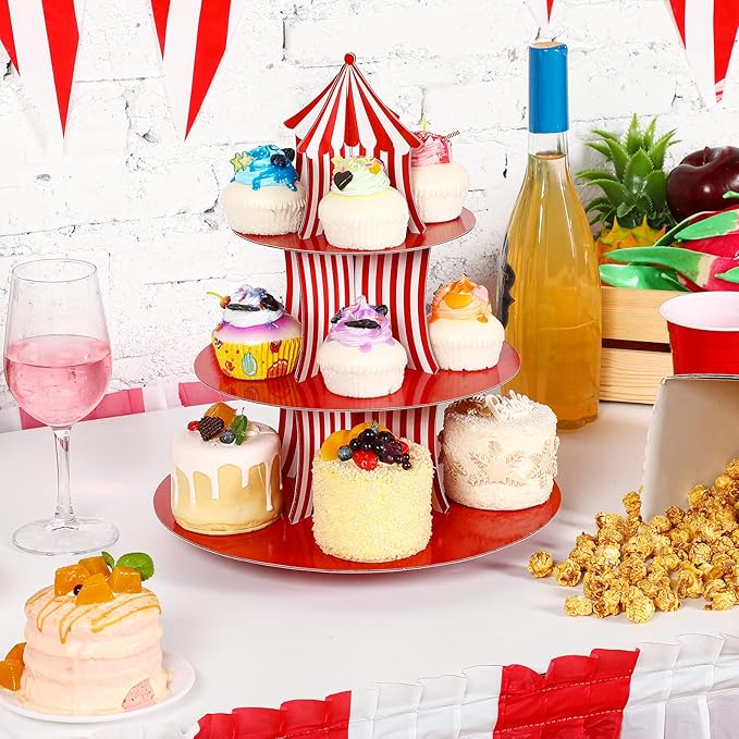 Amyhill 2 Pcs Carnival Cupcake Stand 3 Tier Cardboard Cupcake Holder Red White Striped Circus Cupcake Holders for Dessert Table Displays Carnival Birthday Theme Party Decorations