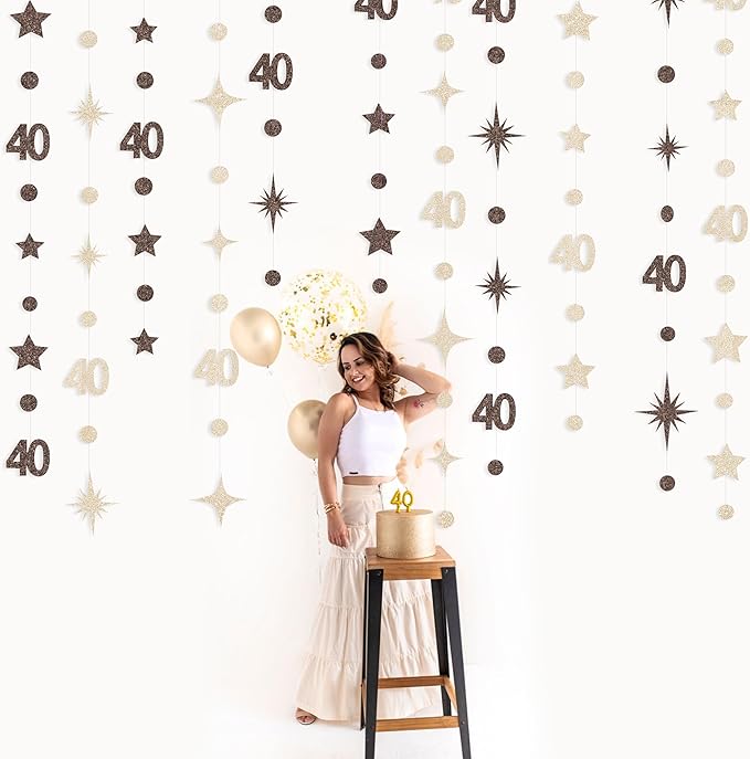 Champagne Gold Brown 40th Birthday Decorations Number 40 Circle Dot Star Garland Streamer Banner Backdrop for Women Men Forty Fabulous Cheers to 40 Years Old Birthday 40th Anniversary Party Supplies