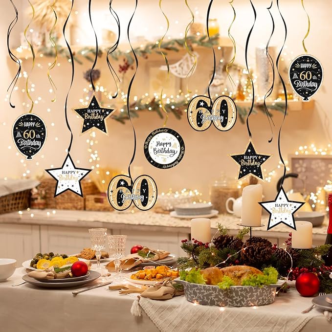 Happy 60th Birthday Black & Gold Glitter Swirls Streamers Party Decorations - 15 Pcs 60th Birthday Hanging Swirls Streamers Kit,Cheers to Sixty Years Old Bday Party Sign.