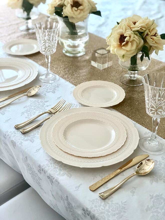 OCCASIONS 120 Guests Heavy Duty Disposable Plastic Plates Set ??11" Dinner & 8.25" Salad Plates, Premium Reusable Party Plates for Weddings, Events, Fancy Dinnerware ??Chateau Ivory