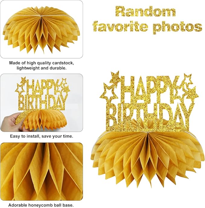 Eucutur 8Pcs Honeycomb Birthday Decorations - Gold Glitter Centerpieces for Women & Men, Happy Birthday Photo Table Toppers, 16th-60th Bday