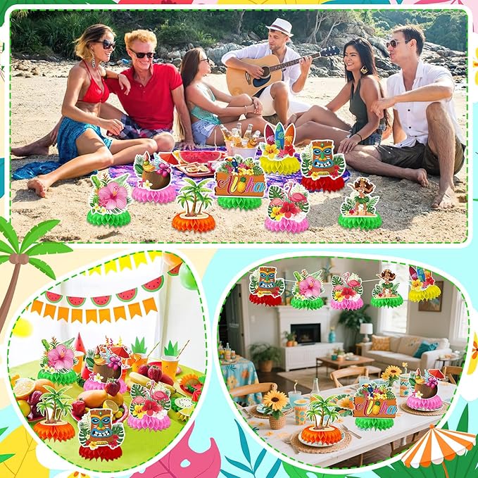 JULMELON 8PCS Hawaiian Luau Party Decorations Honeycomb Centerpieces, 3D Double Side Luau Centerpieces for Tables Tropical Hawaiian Birthday Themed Party Decorations Supplies