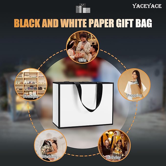 Small White Balck Gift Bags Bulk, 10Pcs 8"x3.75"x6" Black and White Paper Bag with Ribbon Handle, Mini Gift Bags for Party,Birthday,Retail