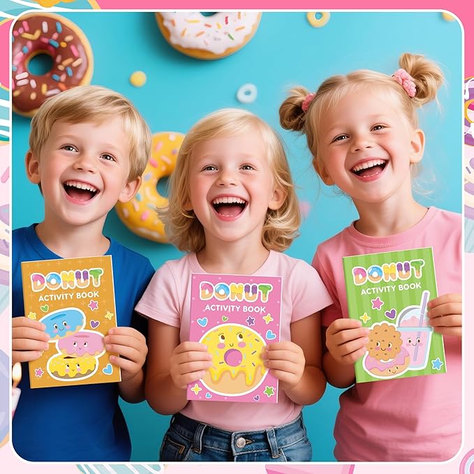 Donut Activity Books for Kids - 24Pcs Cute Doughnut Mini Game Coloring Booklet Bulk Maze Word Scramble Word Search Games for Birthday School DIY Activity Supplies Classroom Reward Goodies Bag Stuffer