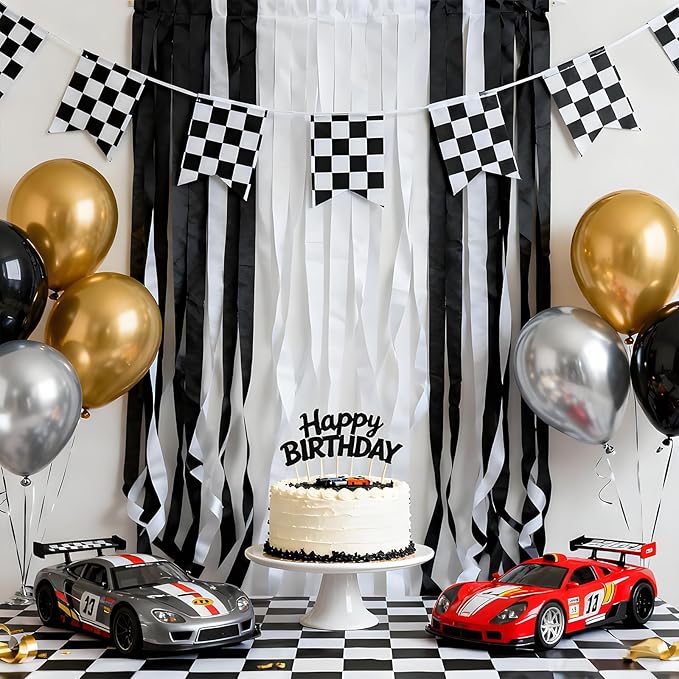 Black White Crepe Paper Streamers 8 Rolls 32ft Race Car Birthday Party Supplies Baby Shower Sports Racing Decorations(1.77inx32ft)