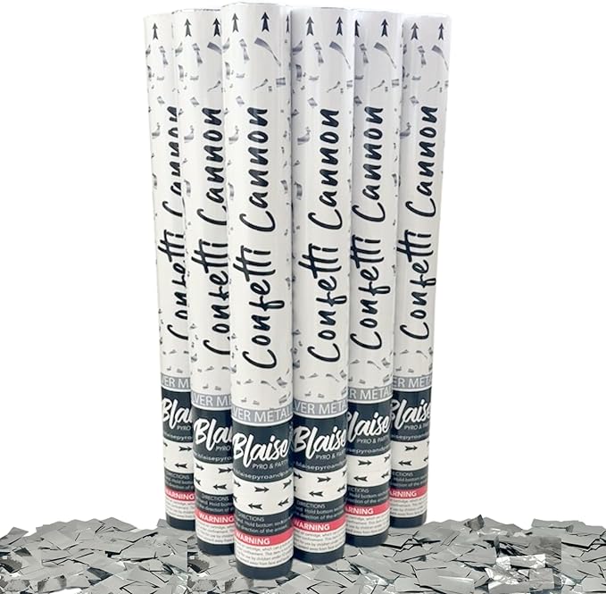 Blaise Pyro & Party Silver Streamer Confetti Poppers - Easy to Use Paper Confetti Popper for Weddings, Birthdays, Anniversaries & More - Colorful Confetti Cannon for Memorable Photos - 2 Pack, 18 Inch
