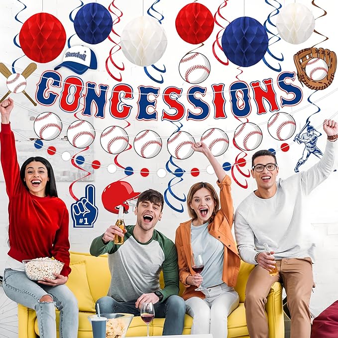 Baseball Party Decorations Pre-strung Concessions Baseballs Banner with Blue Red White Honeycomb Balls Baseball Theme Hanging Swirls Circle Dots Garland for Concessions Birthday Party Decor