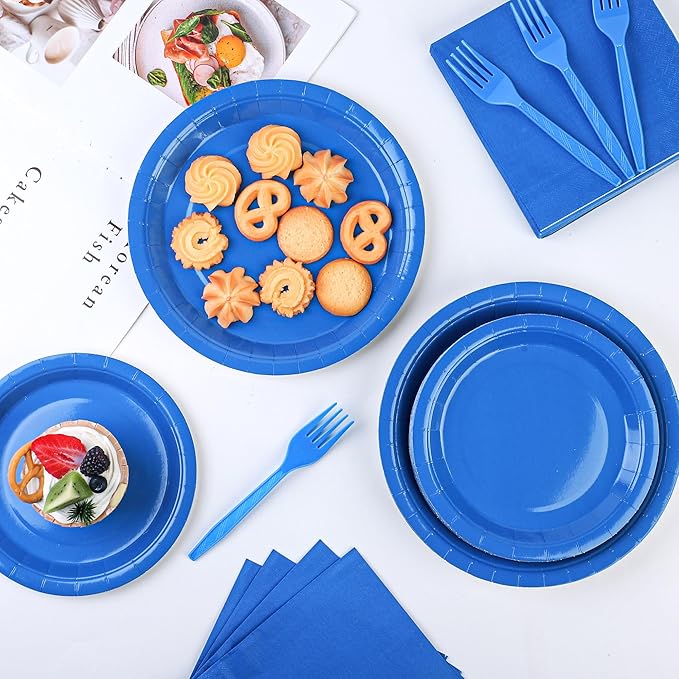 100 Count Blue Paper Plates, Napkins, and Forks - Disposable Party Tableware Set for Wedding, Birthday, Bridal Shower, Baby Shower - Serves 25