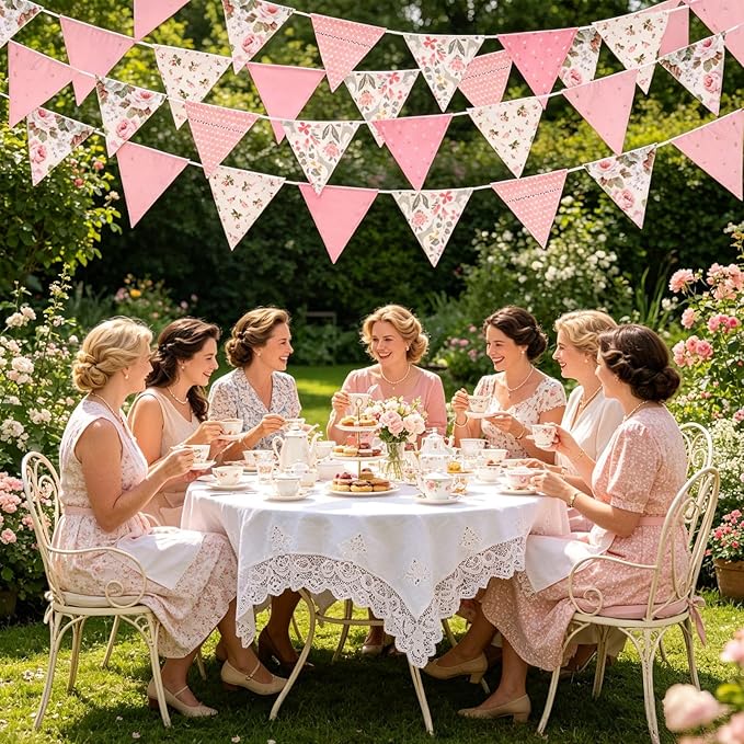 Zwiebeco 32Ft Pink Fabric Floral Pennant Banner Bunting Cotton Pinkish Flowers Triangle Flags Party Decorations for Birthday Wedding Engagement Bridal Baby Shower Rustic Village Home Garden Decor
