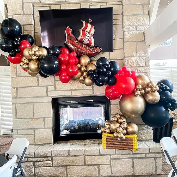 Pirate Birthday Party Decorations, 142Pcs Red Black Metallic Gold Balloon Garland Arch Kit Pirate Ship Foil Mylar Balloon for Halloween Pirate Summer Pool Sea Sailing Adventure Ocean Theme Party