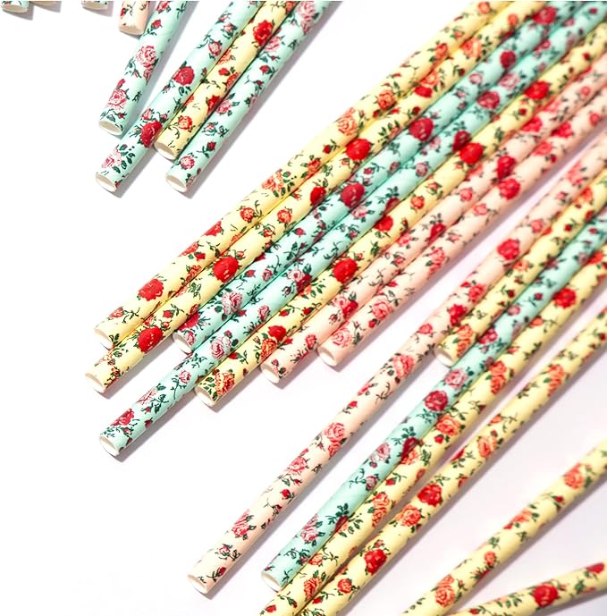 75-Pack Eco-Friendly Biodegradable Paper Straws - Vintage Rose & Floral Design in Pink, Blue, Yellow - Disposable Straws for Parties By JPACO