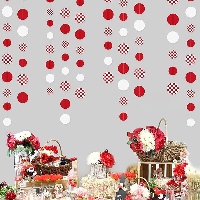 Red Party Decorations White Red Checkered Circle Dots Streamer Hanging Paper Polka Dot Garland for Birthday Baby Shower Wedding Bachelorette Christmas Carnival Circus Picnic Party Decorations Supplies
